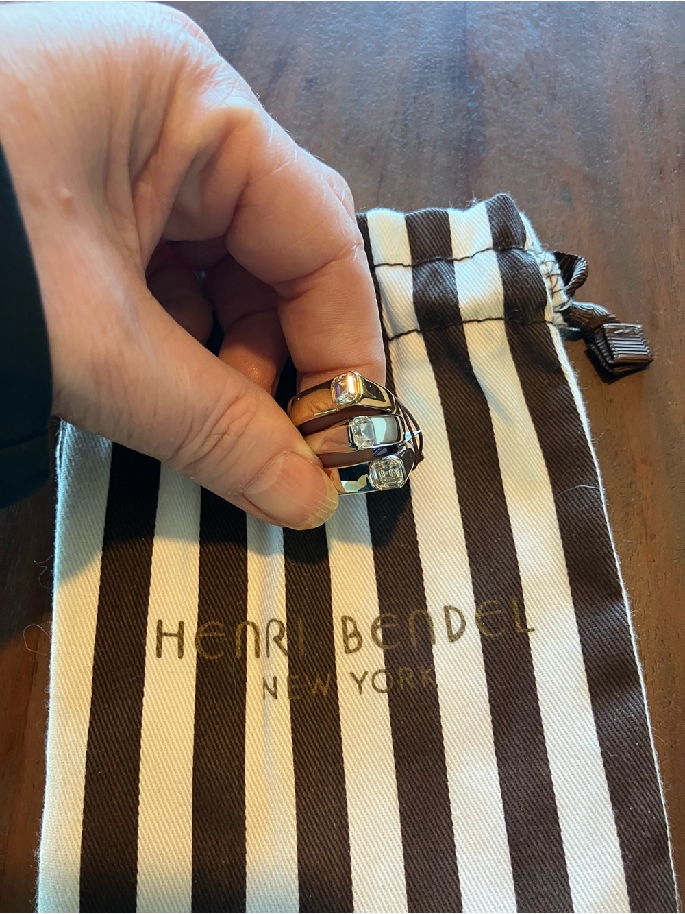 henri bendel Brown and Cream Striped Drawstring Pouch with Gold Accent Rings